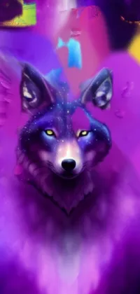 This live wallpaper for your phone features a stunning digital image of a wolf with wings soaring in a purple and blue colored sky