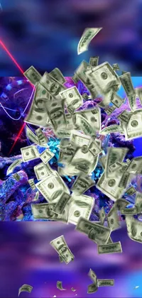 This dynamic live wallpaper features a flurry of money floating through the air, set against a vibrant vaporwave-inspired ocean background