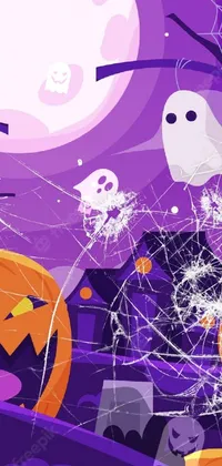 The perfect Halloween live wallpaper for your phone! This scene features spooky pumpkins and ghosts in vector art, with a digital flat 2D design and purple background