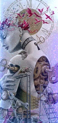This live wallpaper features an intricate painting of a woman adorned with a clock on her head, surrounded by a network of pink gears and mechanical limbs