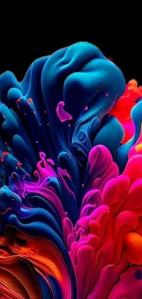 This dynamic live wallpaper for phones showcases a beautiful, colorful substance set against a striking black background