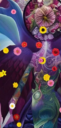 This live wallpaper depicts a stunningly detailed and colorful painting of a woman with flowers on her head