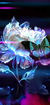 This live wallpaper showcases a beautiful flower with a butterfly perched on a petal