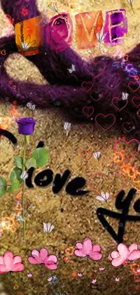 This stunning live phone wallpaper features a rock with the words "i love you" written on it, set against an amorous backdrop of purple ribbons