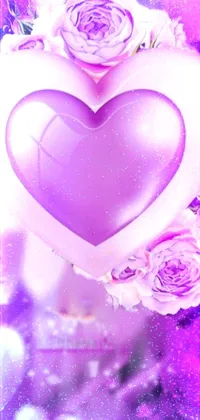 This live phone wallpaper features a stunning purple heart surrounded by roses and smaller hearts creating a romantic atmosphere