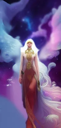 This stunning phone live wallpaper features a beautiful fantasy art painting of a woman with long white hair, set against a cosmic background