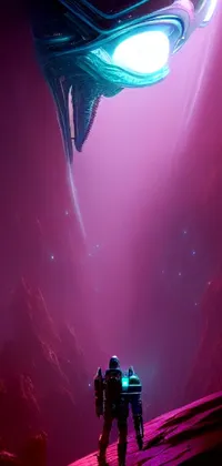 This phone live wallpaper features a stunning sci-fi scene with a massive spaceship in the center of the screen