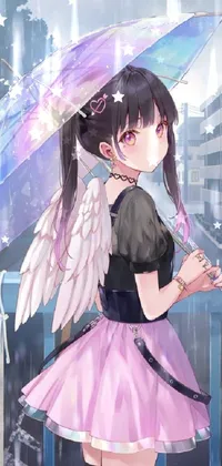 This phone live wallpaper features a charming anime drawing of a girl in a pink dress holding an umbrella with a pair of wings
