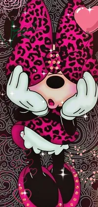 This hot pink and black live wallpaper features a fun and whimsical depiction of Minnie Mouse surrounded by graffiti art in a toyism style