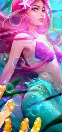Experience the enchanting world of mermaids with this stunning phone live wallpaper, featuring a digital painting of a pink-haired mermaid