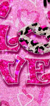 This lively phone live wallpaper features a pink leopard print background with the word "love" in the center, all designed digitally, with a glitter gif effect and vibrant neon colors