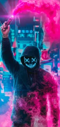 This dynamic phone live wallpaper boasts a cyberpunk art design complete with a hoodie-clad figure exhaling smoke and brandishing a firearm