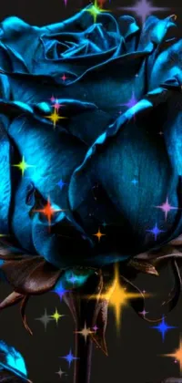 This phone live wallpaper features a highly-detailed and trending digital art illustration of a blue rose on a black background
