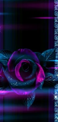 This live phone wallpaper showcases a stunning digitally rendered purple rose atop a sleek black background, featuring a beautiful blue border and subtle hints of glitter