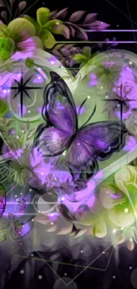 This phone live wallpaper is a stunning piece of digital art with a purple heart as the centerpiece, surrounded by vibrant flowers and fluttering butterflies