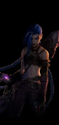 This phone live wallpaper features an illustrated warrior woman with stunning blue hair, holding a shimmering sword