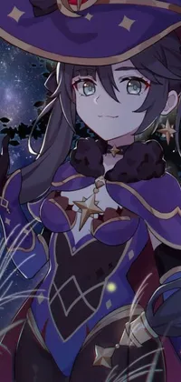 This live phone wallpaper depicts an intense close-up of a person wearing a hat, dressed in starry mage robes