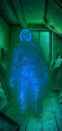 This phone live wallpaper features a haunted room with glowing cyan blue plasma and ectoplasm tendrils swirling around a mysterious man in the center