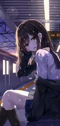 This phone live wallpaper features an eyecatching scene of a girl, with brown hair, sitting on a bench in a train station