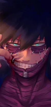 This live wallpaper features an intense anime-inspired close up of a person with a bloody face, teeth gritted, and an expression of determination