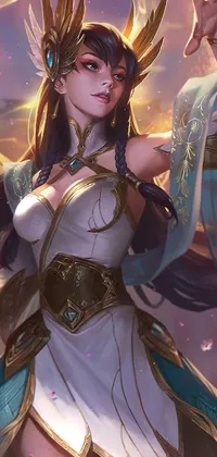 This live wallpaper for your phone showcases a mystical female figure donning a white dress, sword in hand
