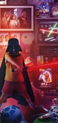 This phone live wallpaper features a scene with a Star Wars poster on the wall and 1980s arcade concept art