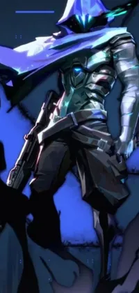 This phone live wallpaper features a futuristic and cyberpunk-inspired scene of a person wielding a sword and guns, set against a thrilling background