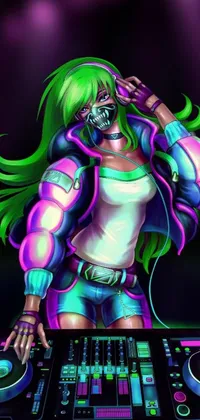 This live phone wallpaper shows a monstergirl standing near a mixer amidst a lively DJ rave, with a vibrant green mane and flashy headphones