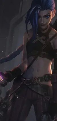 This live wallpaper depicts a bold female character wielding a sword with blue hair against a dark purple background