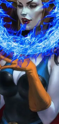 This live wallpaper for your phone displays a dynamic woman with an electrifying blue ring around her head, showcasing her superpowers emanating from her fingertips
