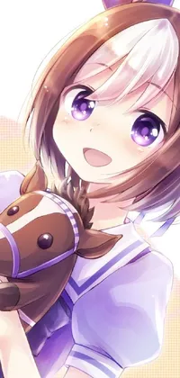 Looking for a beautiful live wallpaper for your phone? This stunning design features a close-up of a white and purple horse with a girl with brown hair holding a stuffed animal in the foreground
