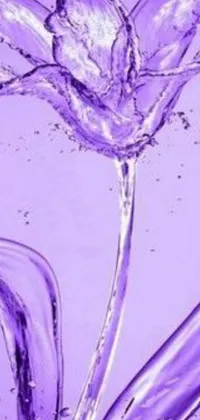 This purple flower live wallpaper is a unique art piece that exhibits a liquid purple metal flower surrounded by splashing water droplets