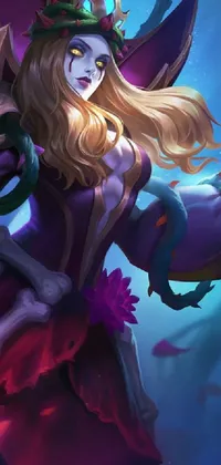 This mobile live wallpaper showcases a striking image of a witch riding a horse in a fuchsia skin