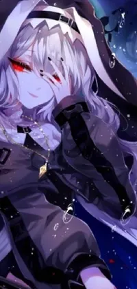 This phone live wallpaper is a piece of gothic art featuring a woman with long white hair and a sword, set against a dark and eerie background and created in a psychedelic style native to pixiv