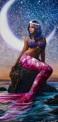 This phone live wallpaper features a striking painting of a mermaid sitting on a rock, set against a dreamy backdrop of a pink moon and stars