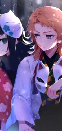 This playful live wallpaper features two charming anime characters sitting beside each other
