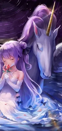 This vertical phone live wallpaper showcases a stunning, enchanted scene with a girl wearing a flowing white dress sitting gracefully beside a majestic unicorn on a calm body of water