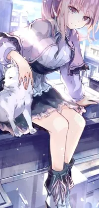 This phone live wallpaper depicts a beautifully illustrated white cat girl sitting on a building with her loyal dog by her side
