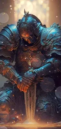 This incredible phone live wallpaper portrays an armored man kneeling with a sword in hand