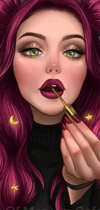 This stunning live wallpaper features a pink-haired woman applying lipgloss while gazing into a mirror