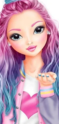 This Android live wallpaper features a captivating digital painting of a girl with dynamic purple hair and a cute pink jacket