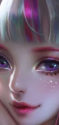 This striking live phone wallpaper features a fantasy art close-up of a character with bright pink hair, big shiny eyes, and iridescent skin