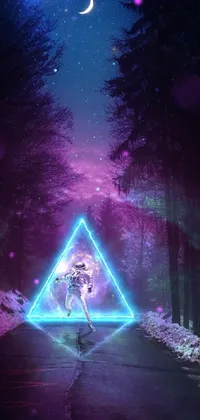 This vibrant phone wallpaper features a surreal street scene with a central figure standing amid neon vaporwave lights and a psychedelic triangular skeleton backdrop