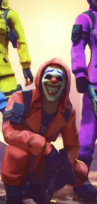 This live wallpaper displays a group of clowns standing together in vibrant, oversized outfits