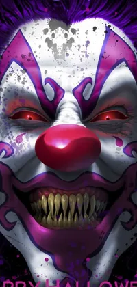 This live phone wallpaper depicts a creepy clown's face with a wide grin and green eyes on a purple background