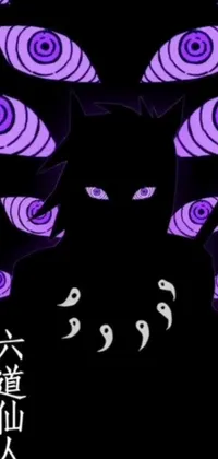 This live wallpaper showcases a stunning close up of a black cat with piercing purple eyes, set against a dark and mysterious background