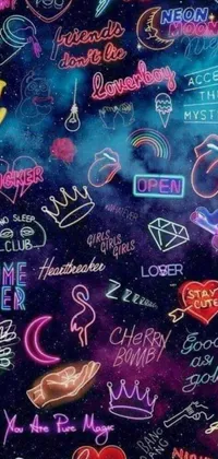 This live phone wallpaper features a collection of vibrant neon signs and striking graffiti art on a black background