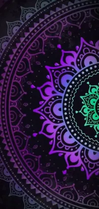 This live wallpaper boasts a stunning psychedelic design, featuring a mandala-style circular pattern in shades of purple and green on a black background