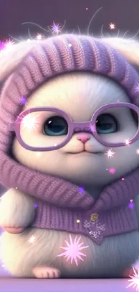 This phone live wallpaper showcases an adorable cat wearing a hat and glasses in a close-up shot