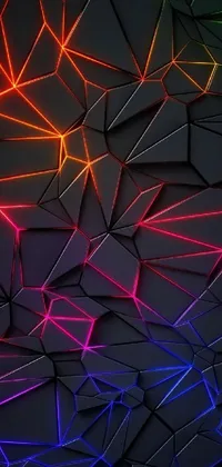 This phone live wallpaper displays a wall of lights in a polygon art style on a black background with glowing cracks